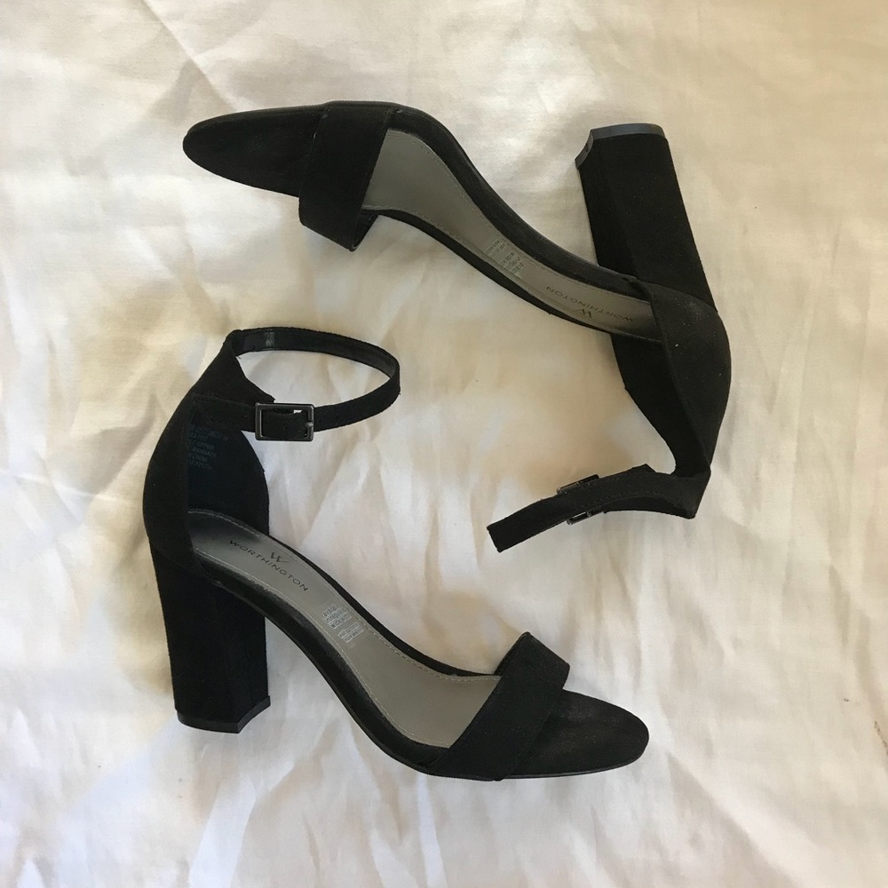 BLACK SUEDE ANKLE STRAP HEELS (WIDE)
